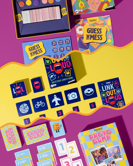 Bộ ba party game Guess the Mess, Link Out Loud và Photo Dump của Moodbox Games trên nền tím và vàng